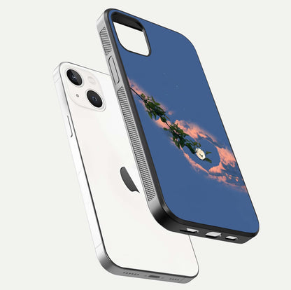 Sky Under Tree Glass Case for iPhone 14 Plus floating dual-view mockup displaying gloss reflection and landscape tone