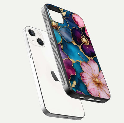 Sparkle Floral Glass Case for iPhone 14 Plus floating dual-view mockup displaying gloss surface and sparkle effect
