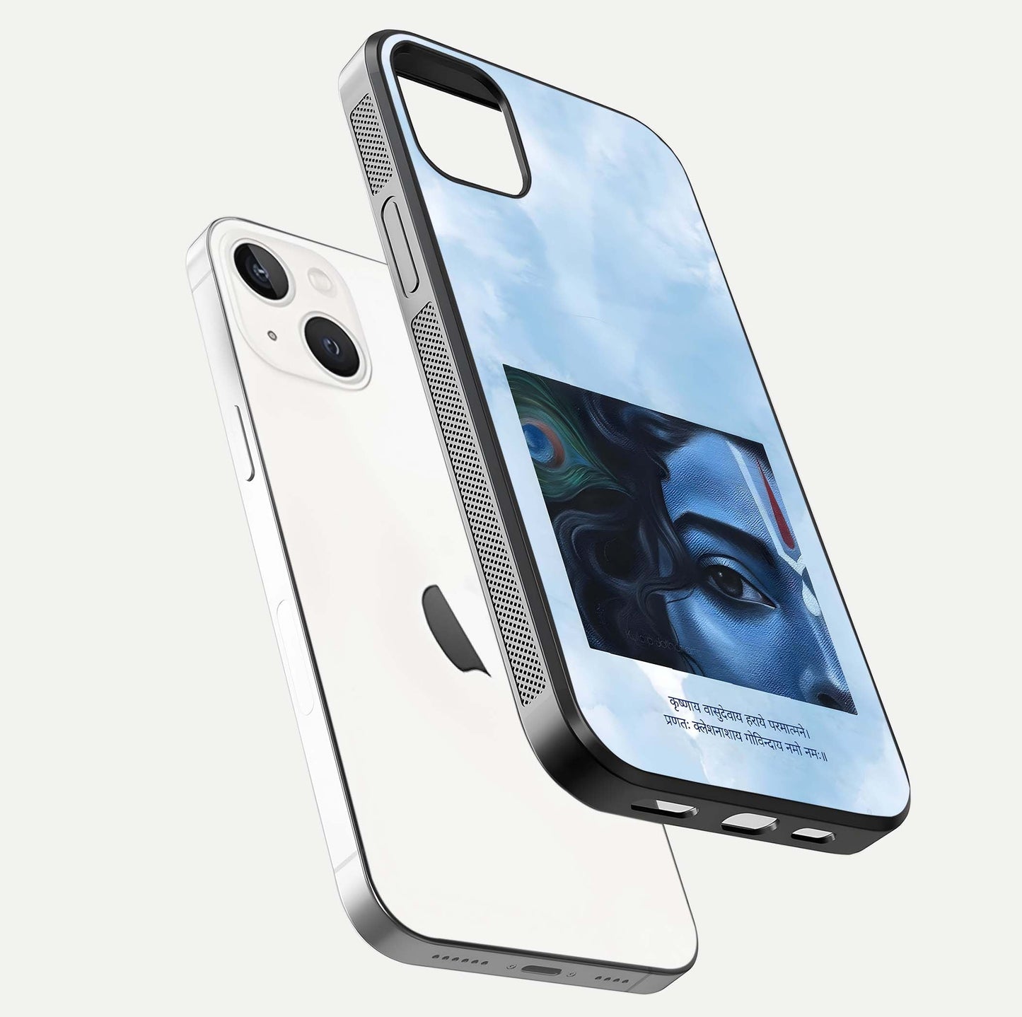 Spiritual Krishna Glass Case for iPhone 16 Pro floating dual-view mockup displaying gloss shine and divine detail