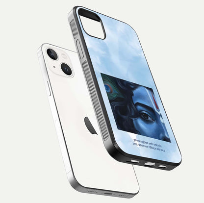 Spiritual Krishna Glass Case for iPhone 16 Pro floating dual-view mockup displaying gloss shine and divine detail