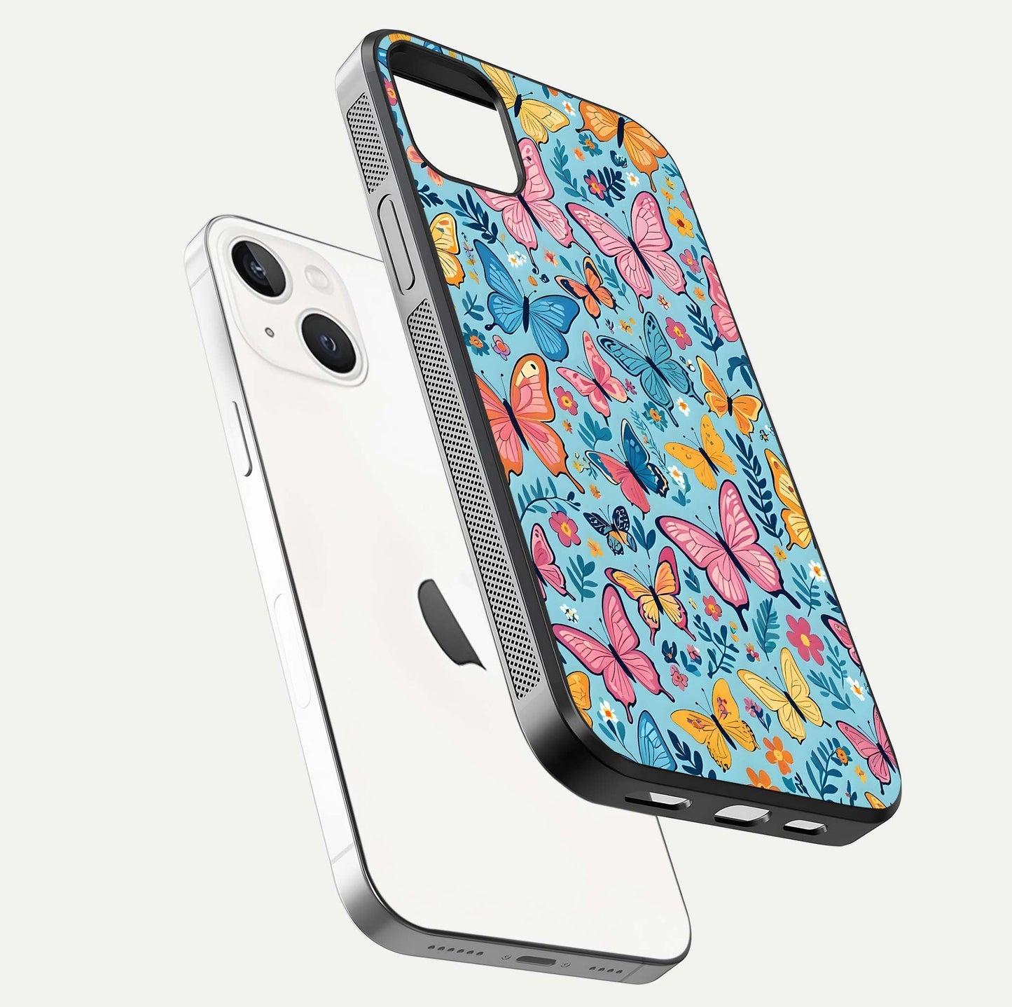 Spring Wing Garden Glass Case for iPhone 14 Plus floating dual-view mockup showing gloss texture and vivid print