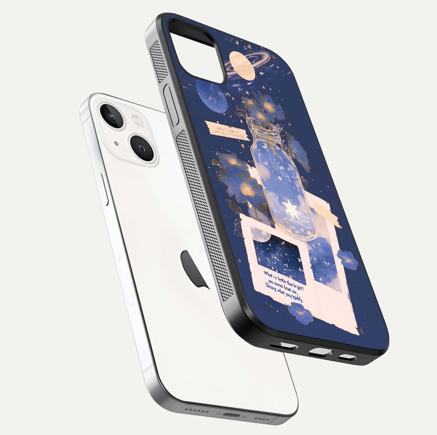 Starlit Cosmic Jar Glass Case for iPhone 14 Plus floating dual-view mockup displaying gloss and starry depth
