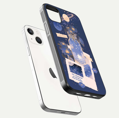 Starlit Cosmic Jar Glass Case for iPhone 14 Plus floating dual-view mockup displaying gloss and starry depth