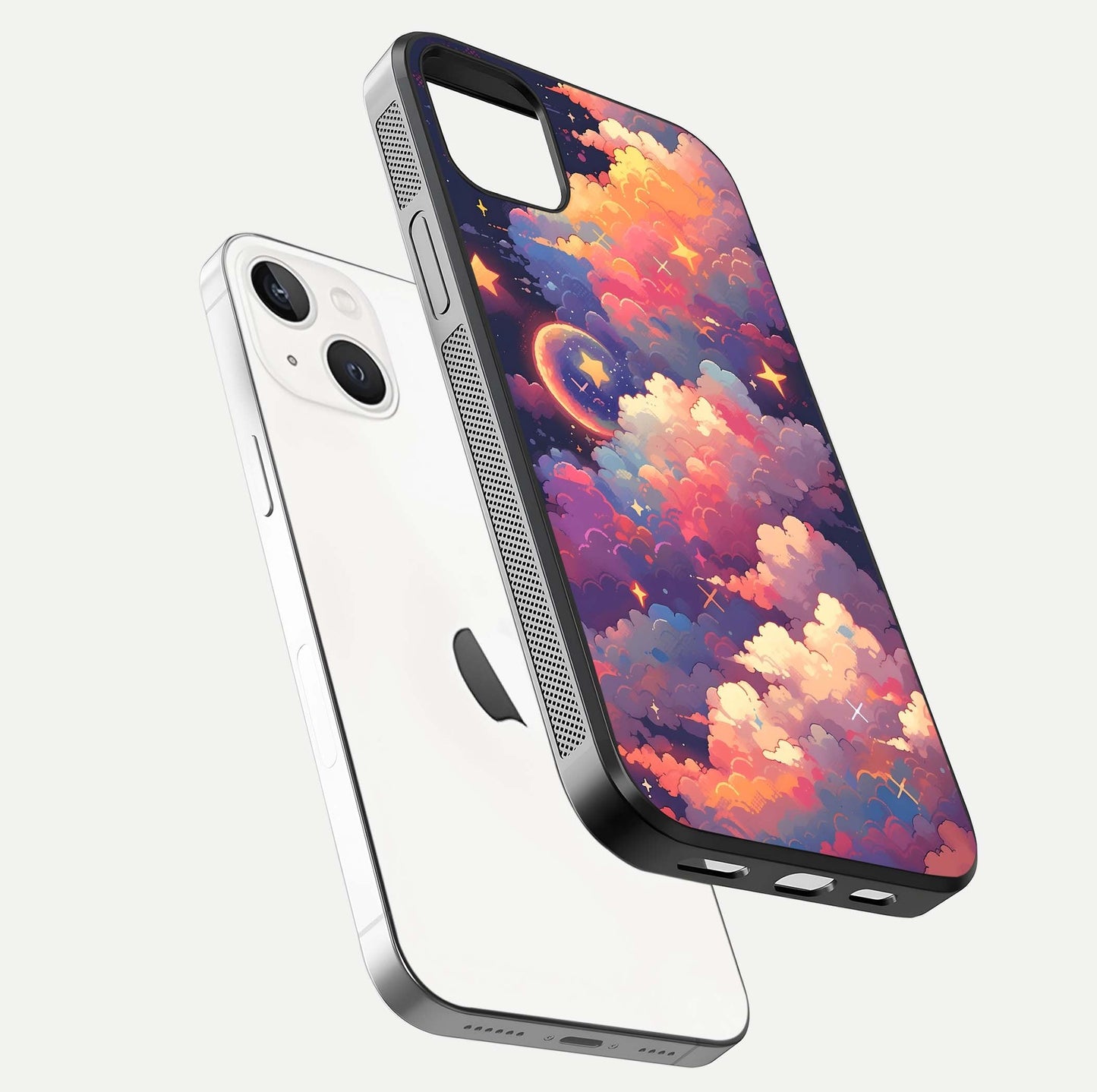 Starlit Dream Clouds Glass Case for iPhone 14 Plus floating dual-view mockup displaying gloss and soft light detail