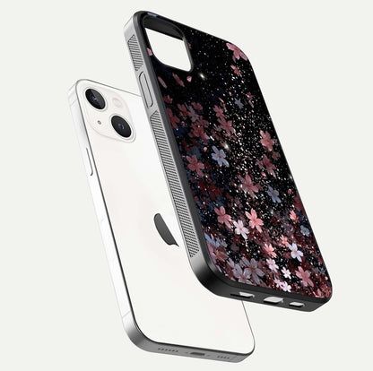 Starlit Flower Dreams Glass Case for iPhone 14 Plus floating dual-view mockup displaying gloss and print clarity