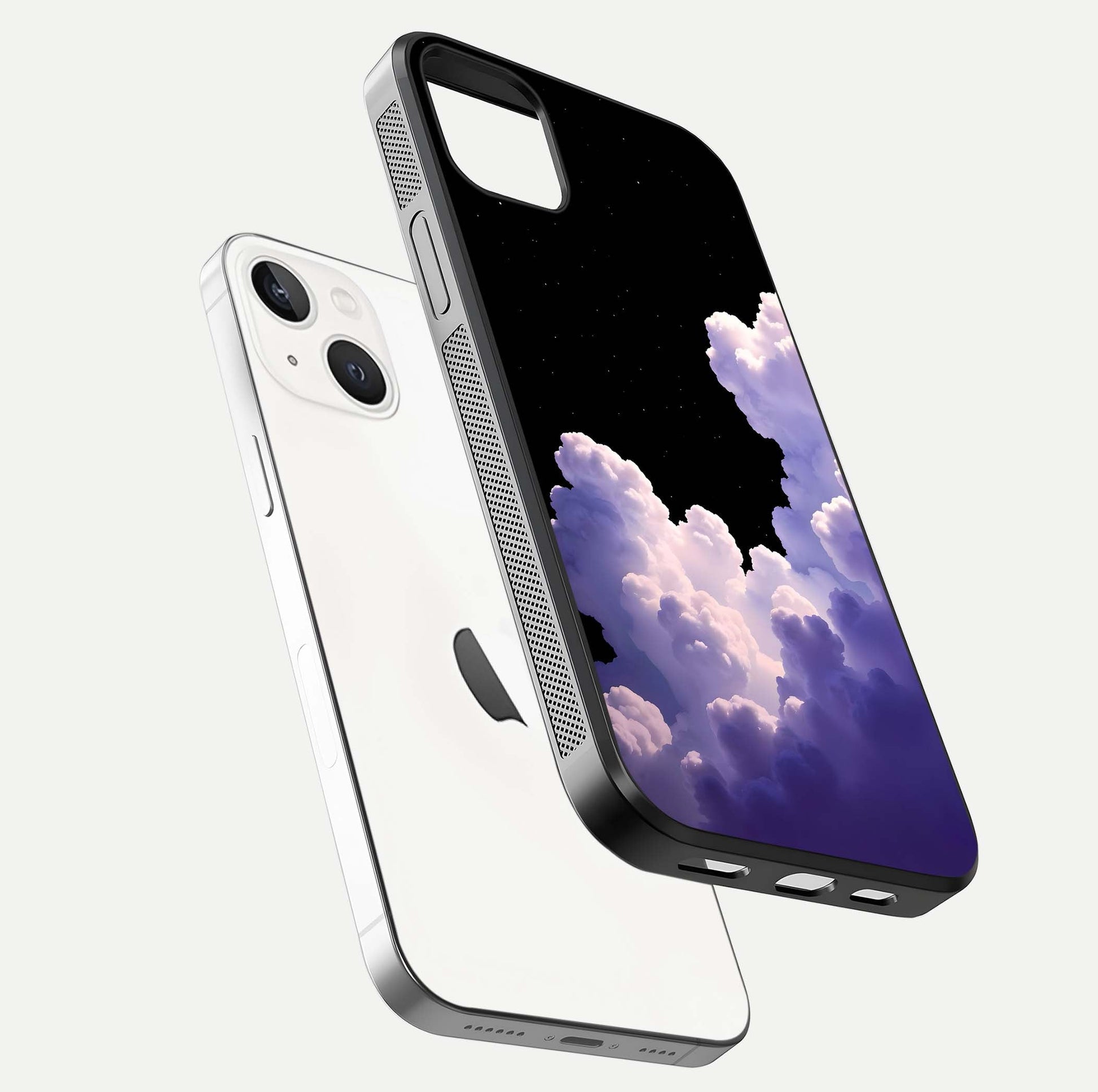 Starlit Night Whispers Glass Case for iPhone 14 Plus floating dual-view mockup displaying gloss surface and depth