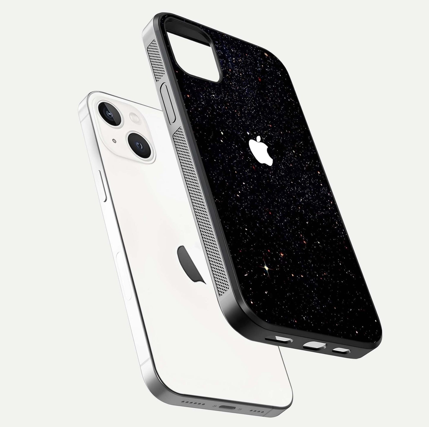 Starry Apple Galaxy Glass Case for iPhone 14 Plus floating dual-view mockup displaying reflection and shine