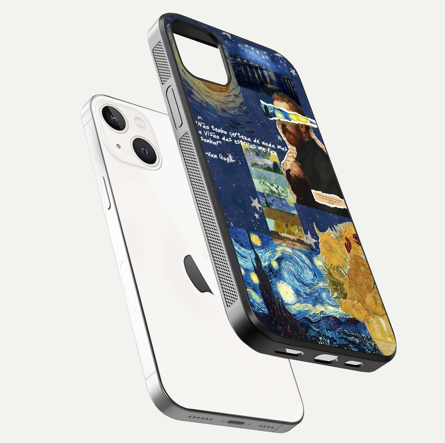 Starry Dream Vision Glass Case for iPhone 14 Plus floating dual-view mockup displaying gloss surface and clarity