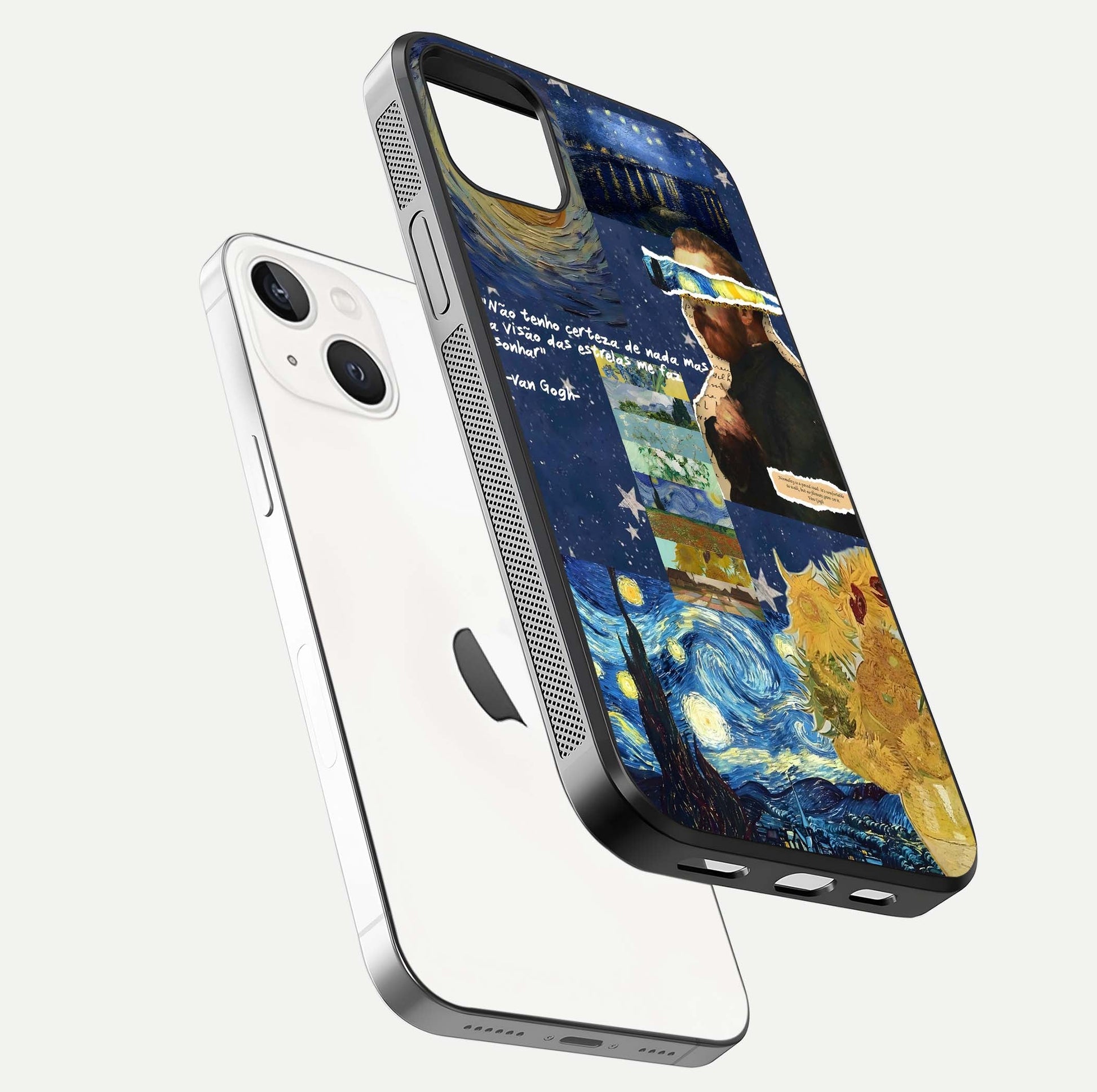 Starry Dream Vision Glass Case for iPhone 14 Plus floating dual-view mockup displaying gloss surface and clarity