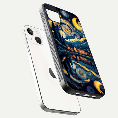 Starry Sky Serenity Glass Case for iPhone 14 Plus floating dual-view mockup displaying gloss texture and shine