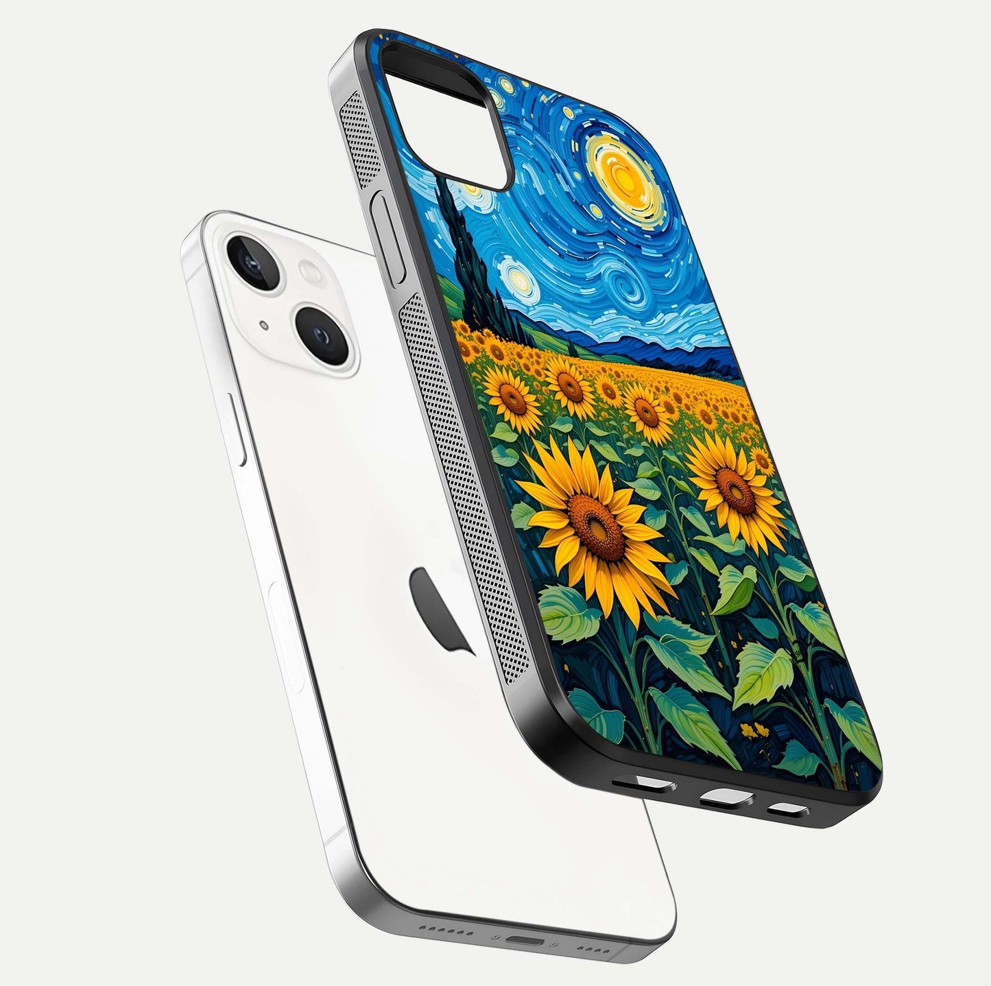 Starry Sunflower Dreams Glass Case for iPhone 14 Plus floating dual-view mockup displaying gloss and vivid print