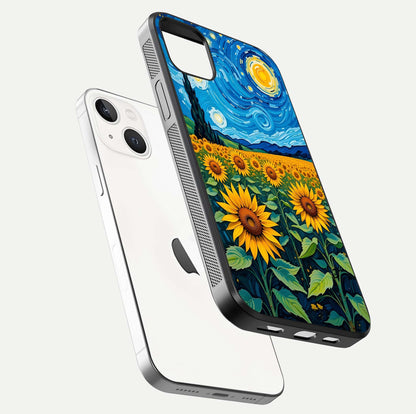 Starry Sunflower Dreams Glass Case for iPhone 14 Plus floating dual-view mockup displaying gloss and vivid print