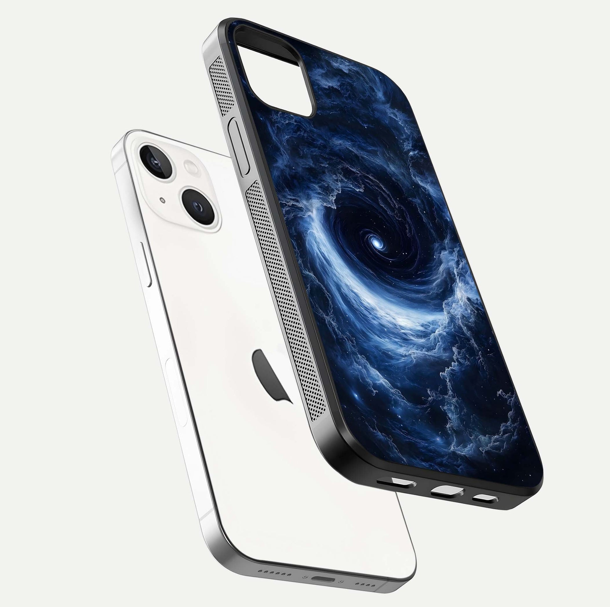 Stunning Galaxy Glass Case for iPhone 14 Plus floating dual-view mockup displaying gloss shine and vivid print depth