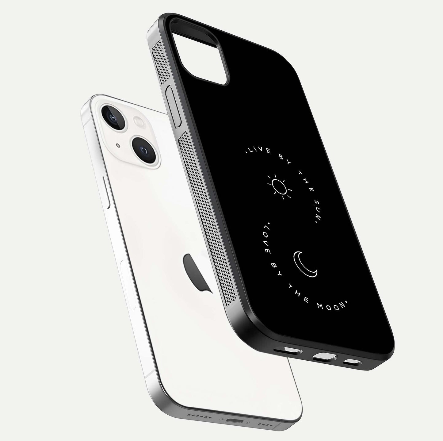 Sun Moon Balance Glass Case for iPhone 14 Plus floating dual-view mockup displaying gloss surface and edge clarity
