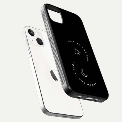 Sun Moon Balance Glass Case for iPhone 14 Plus floating dual-view mockup displaying gloss surface and edge clarity