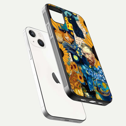 Sunflower Cat Art Glass Case for iPhone 14 Plus floating dual-view mockup displaying gloss shine and HD art print