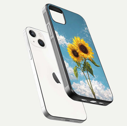 Sunflower Sky Bloom Glass Case for iPhone 14 Plus floating dual-view mockup displaying gloss shine and vibrant texture