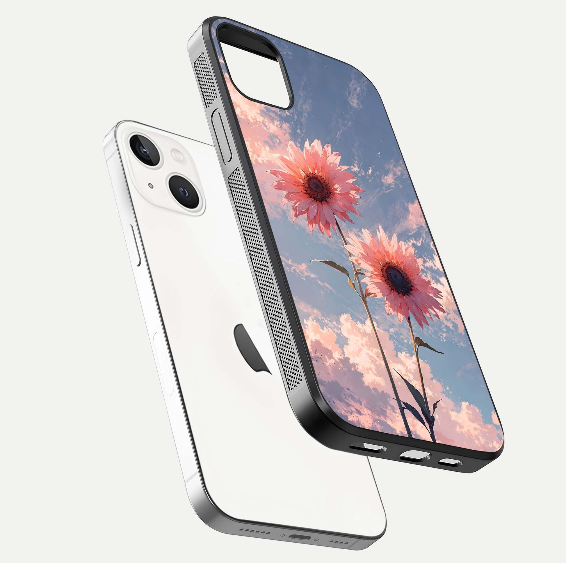 Sunlit Daisy Glow Glass Case for iPhone 14 Plus floating dual-view mockup displaying gloss finish and HD print