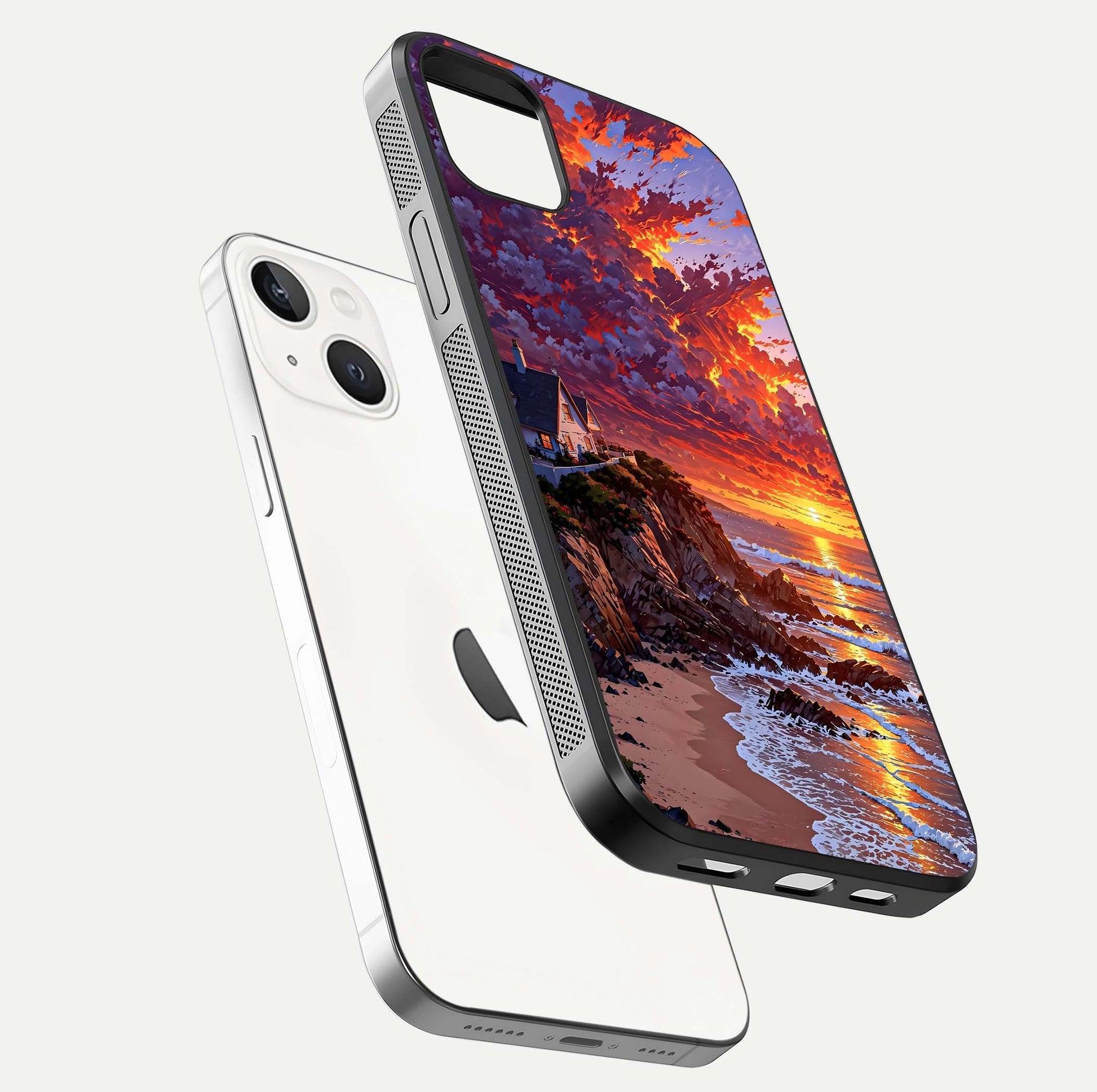 Sunset House by Sea Glass Case for iPhone 14 Plus floating dual-view mockup displaying gloss shine and depth