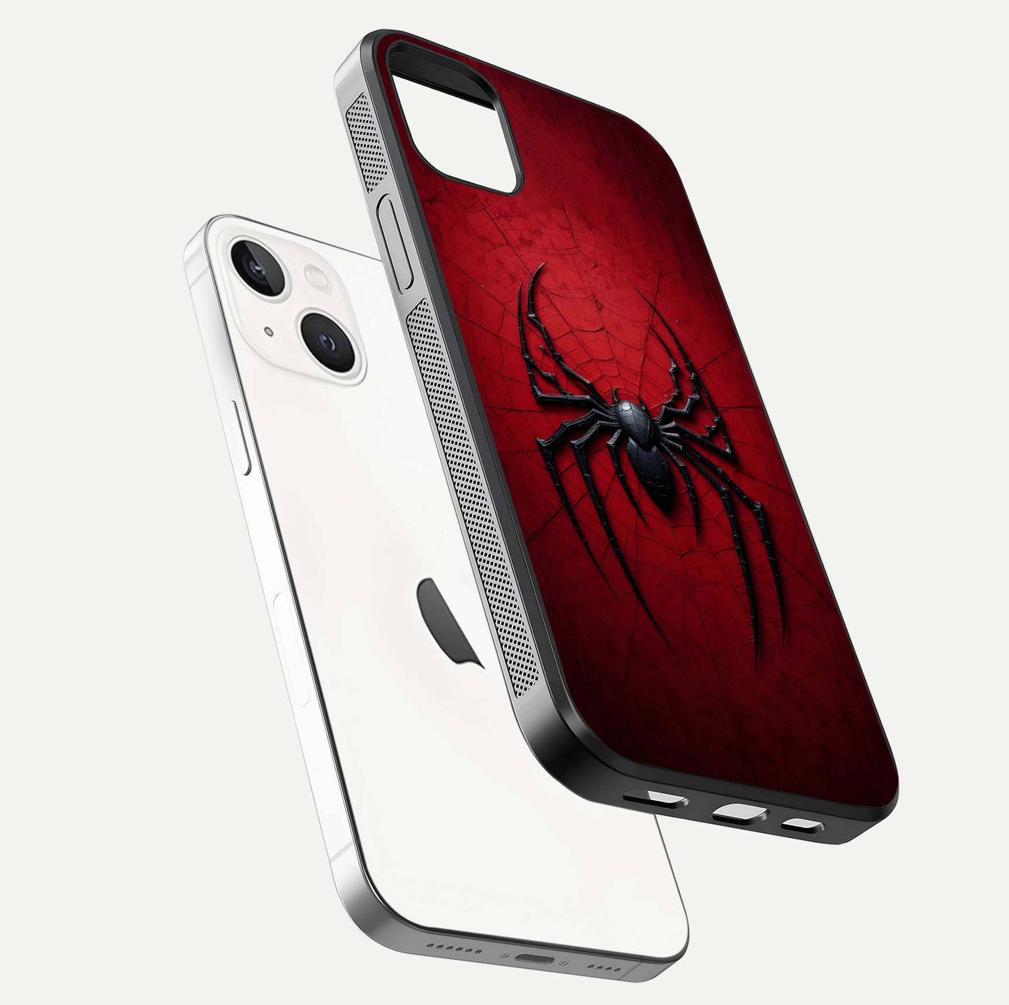 Venom Web Emblem Glass Case for iPhone 14 Plus floating dual-view mockup displaying gloss shine and HD print