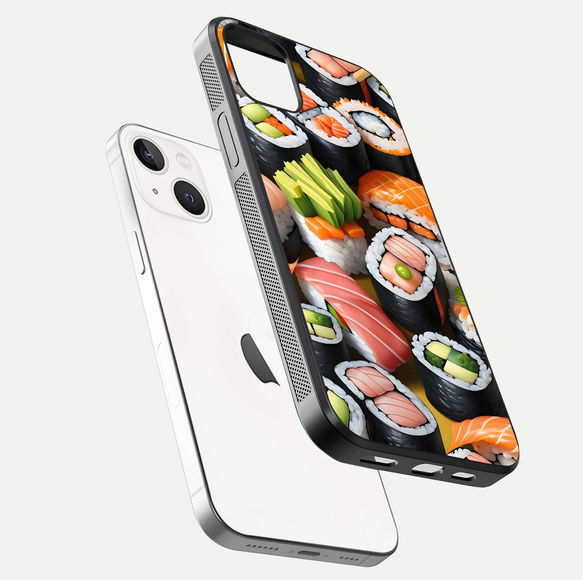 Sushi Food Pattern Glass Case for iPhone 14 Plus floating dual-view mockup displaying gloss and HD pattern