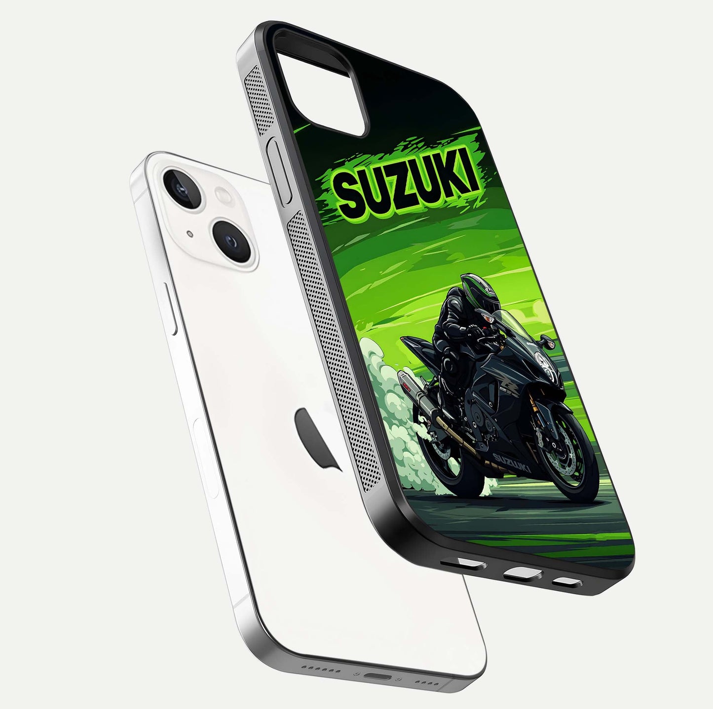 Suzuki Speed Beast Glass Case for iPhone 14 Plus floating dual-view mockup displaying gloss texture and shine