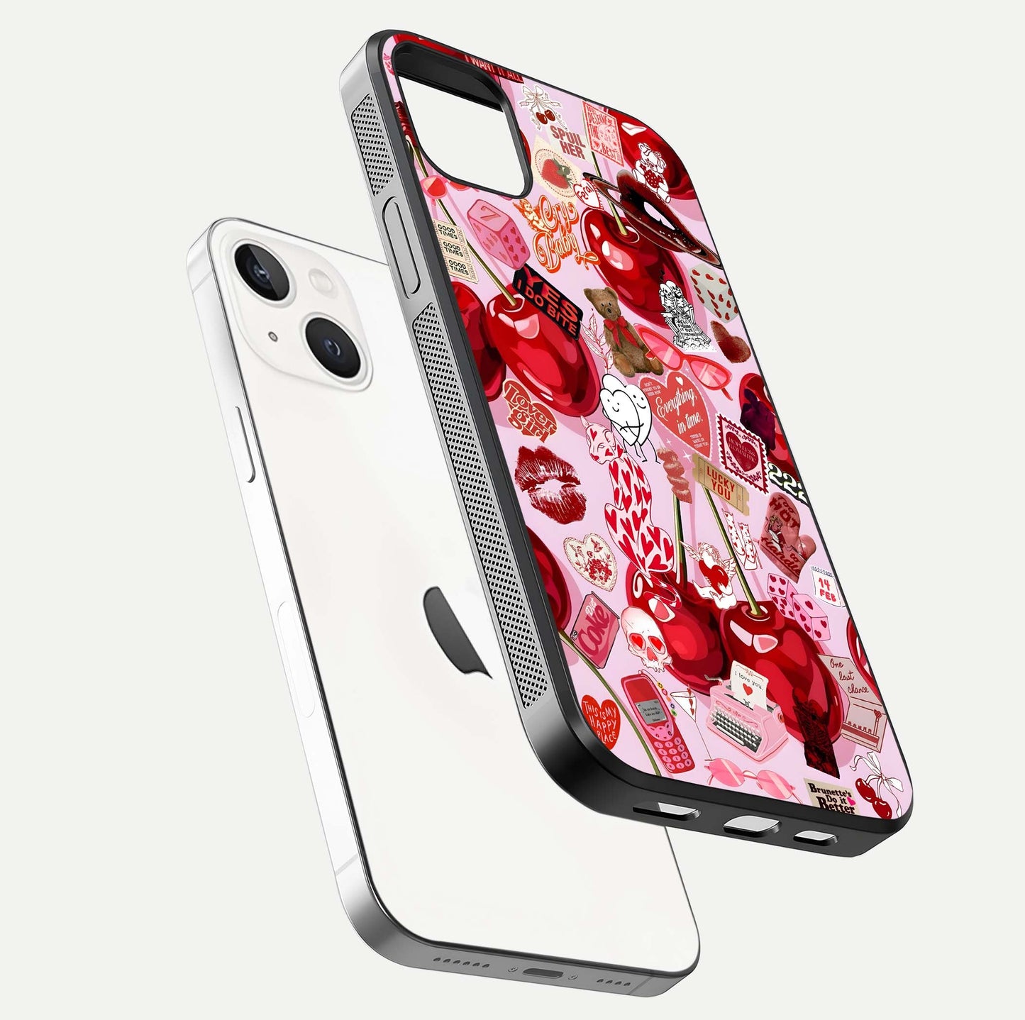 Sweet Cherry Chaos Glass Case for iPhone 14 Plus floating dual-view mockup displaying gloss surface and depth