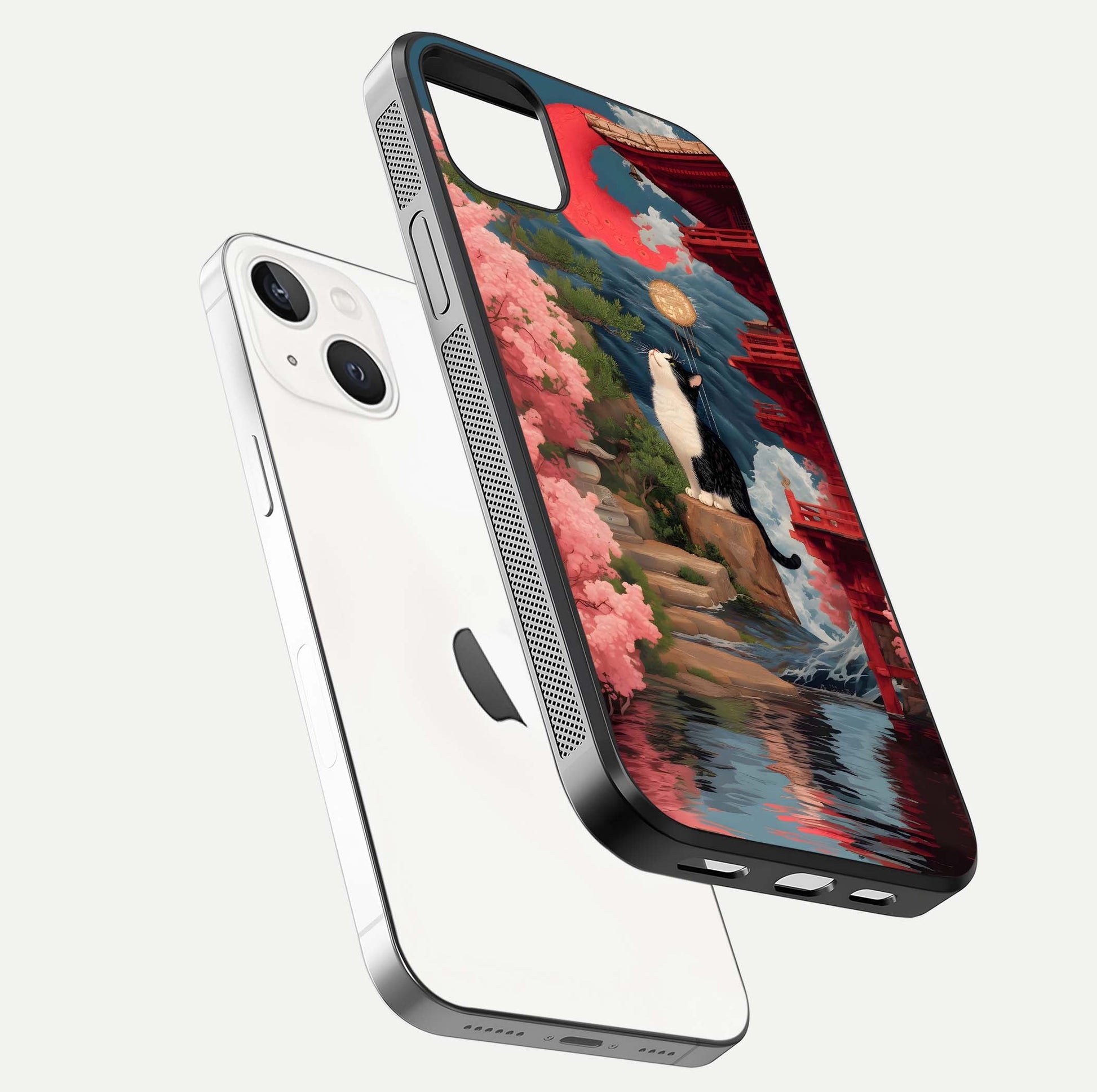 Temple Cat Scenery Glass Case for iPhone 14 Plus floating dual-view mockup displaying gloss and depth detail