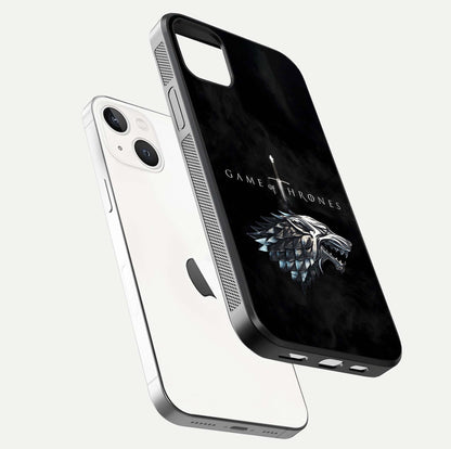 Throne Wolf Legacy Glass Case for iPhone 14 Plus floating dual-view mockup displaying gloss depth and wolf artwork