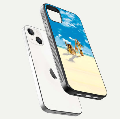 Tropical Fun Squad Glass Case for iPhone 16 Pro floating dual-view mockup displaying gloss reflection and contrast