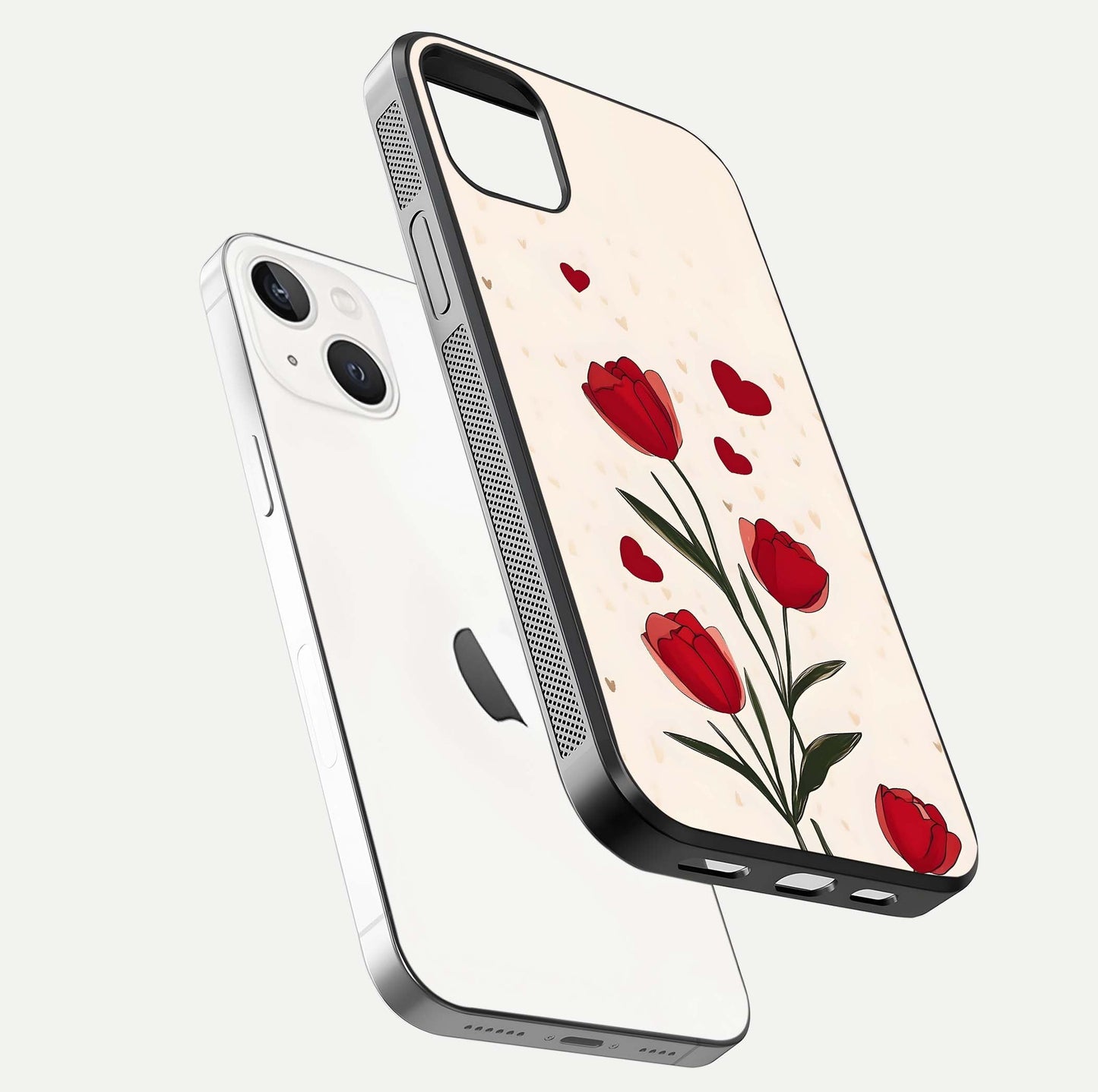 Tulip With Heart Glass Case for iPhone 14 Plus floating dual-view mockup displaying gloss texture and shine