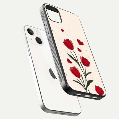 Tulip With Heart Glass Case for iPhone 14 Plus floating dual-view mockup displaying gloss texture and shine