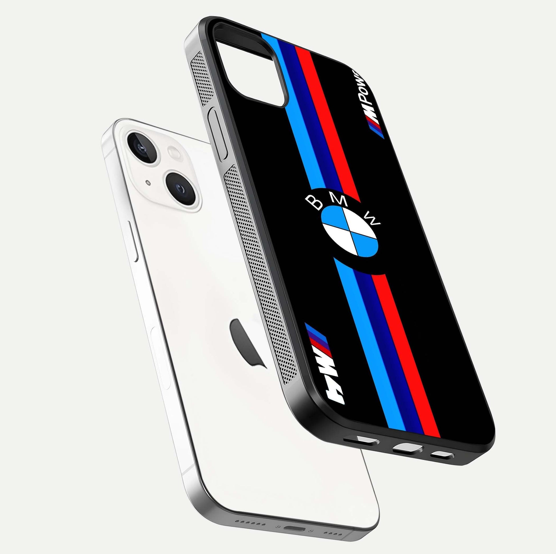 Turbo BMW Beast Glass Case for iPhone 16 Pro floating dual-view mockup displaying gloss texture and vivid print