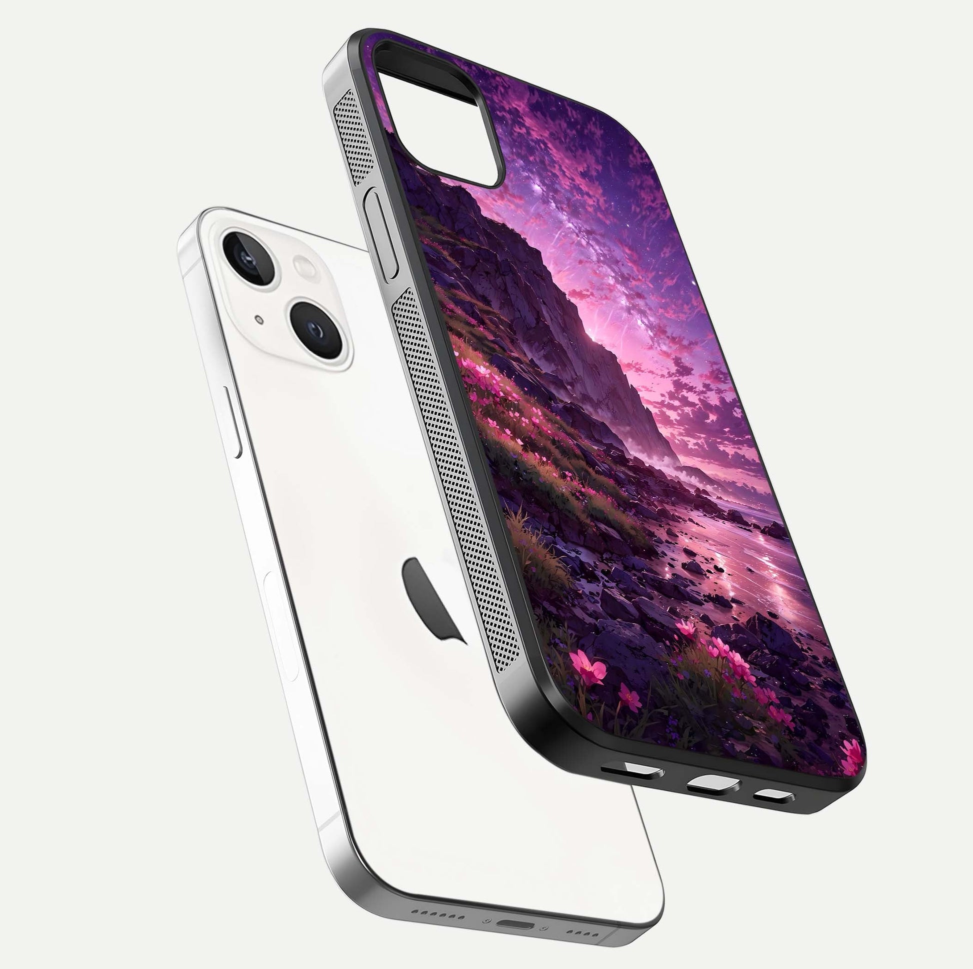 Twilight Blossom Coast Glass Case for iPhone 16 Pro floating dual-view mockup displaying gloss surface and detail