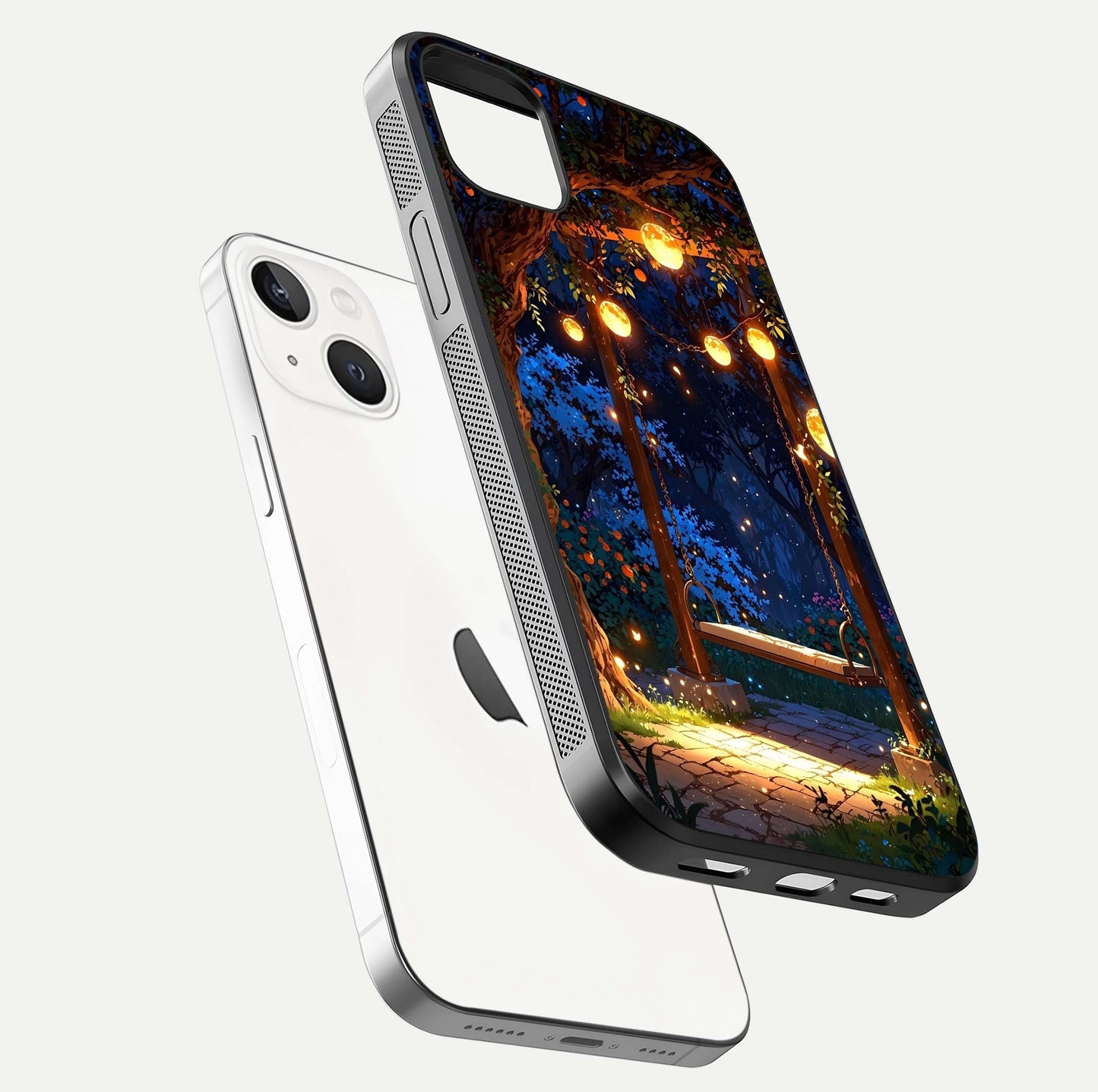 Twilight Garden Swing Glass Case for iPhone 14 Plus floating dual-view mockup displaying gloss and tone balance