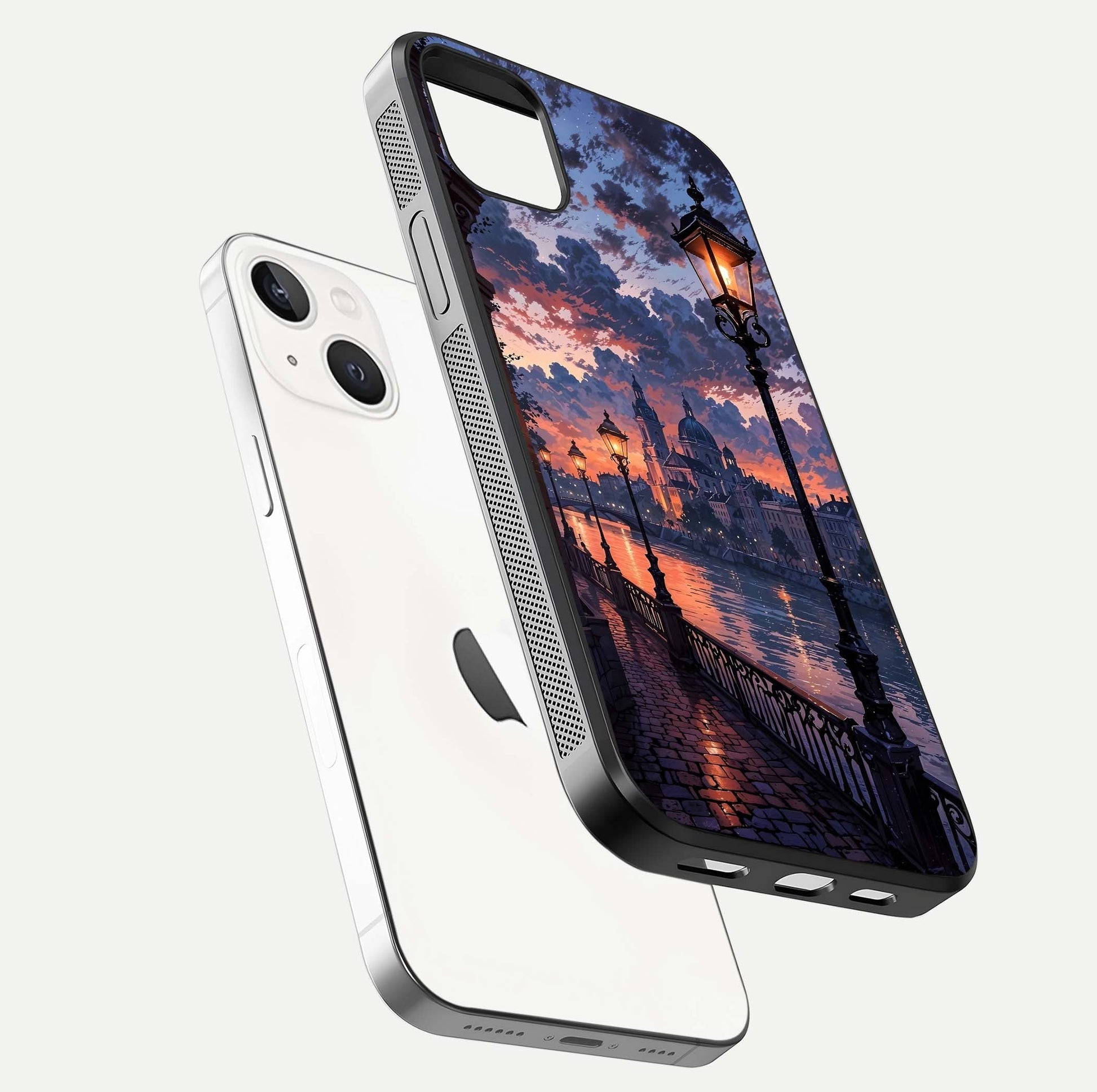 Twilight River Lights Glass Case for iPhone 16 Pro floating dual-view mockup displaying gloss shine and vivid details