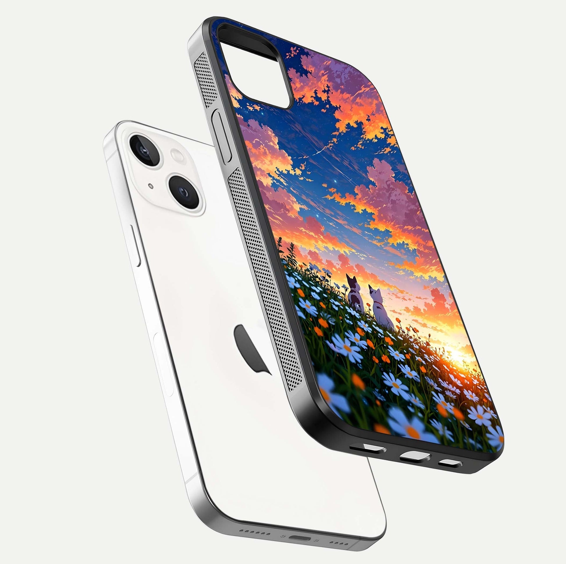 Two Cats Friends Glass Case for iPhone 14 Plus floating dual-view mockup displaying gloss surface and HD print