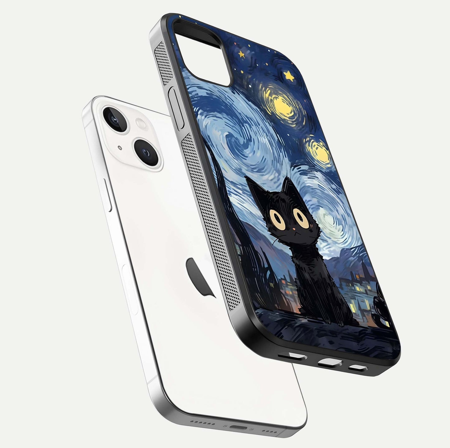 Van Gogh Cat Glass Case for iPhone 14 Plus floating dual-view mockup displaying gloss shine and artistic texture