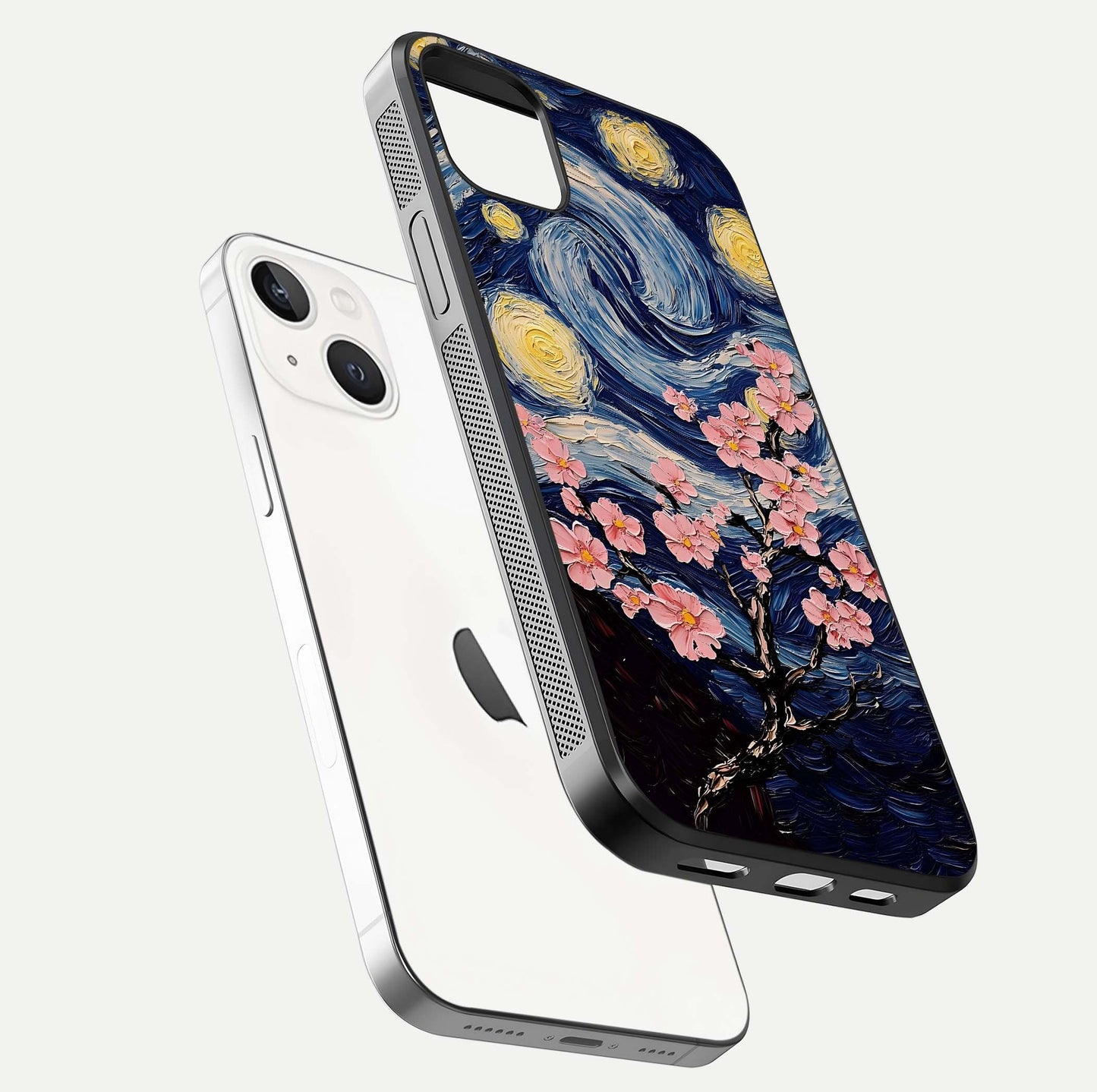 Van Gogh Scenery Glass Case for iPhone 14 Plus floating dual-view mockup displaying gloss reflection and HD quality