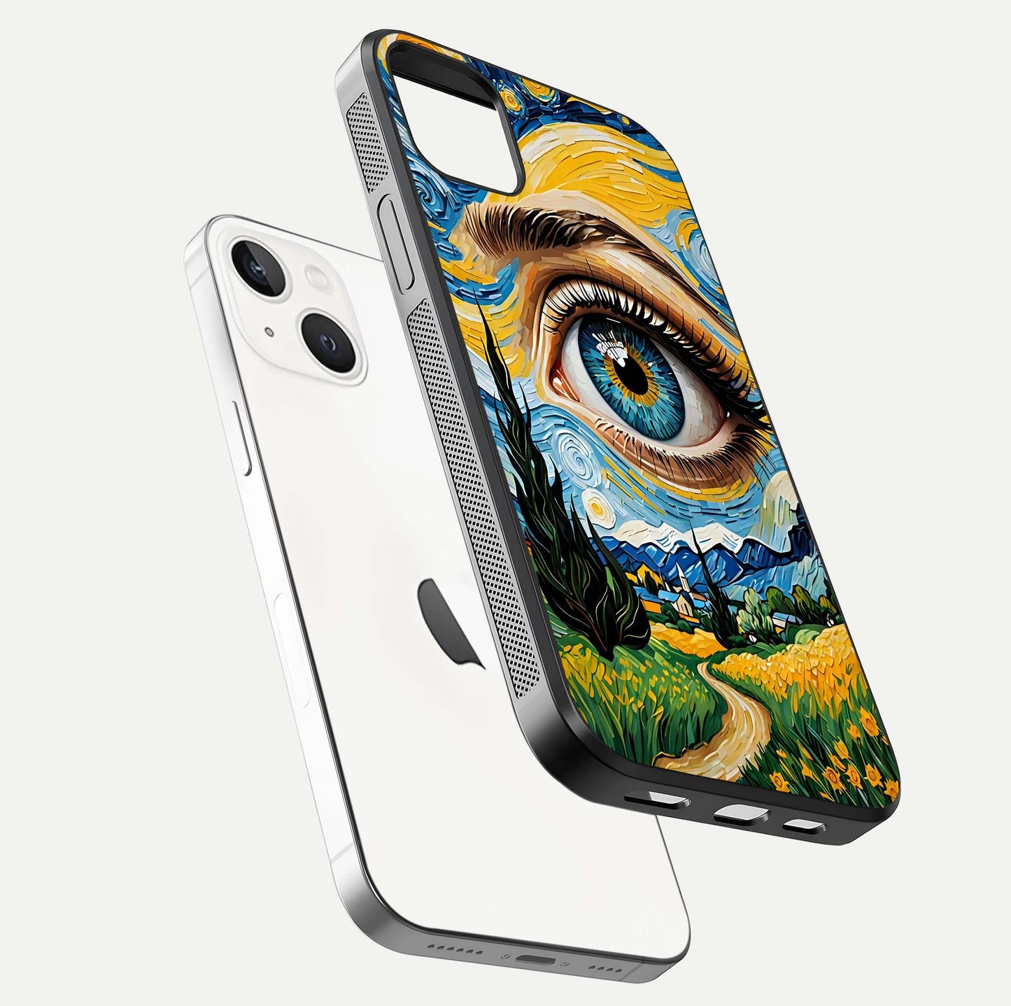 Van Gogh Eye Glass Case for iPhone 16 Pro floating dual-view mockup displaying gloss texture and depth
