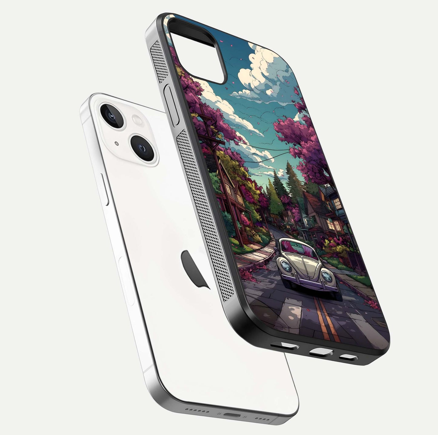 Vintage Street Drive Glass Case for iPhone 14 Plus floating dual-view mockup displaying gloss shine and texture