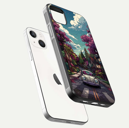 Vintage Street Drive Glass Case for iPhone 14 Plus floating dual-view mockup displaying gloss shine and texture
