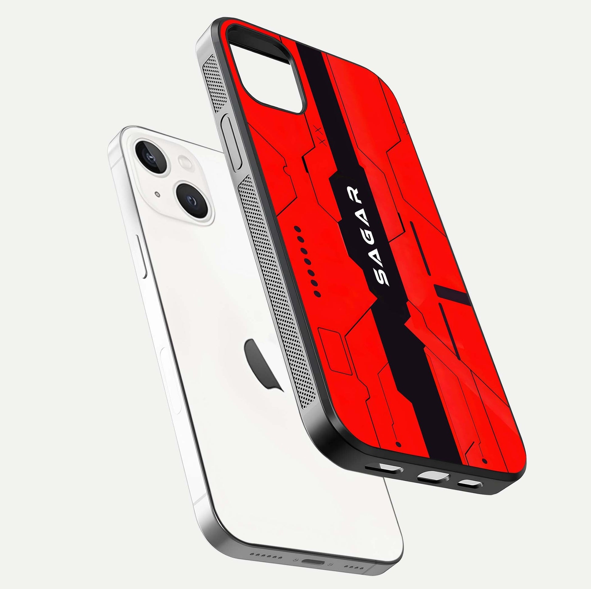 Voltage Rise CYBERPUNK Custom Name Glass Case for iPhone 14 Plus floating dual-view mockup displaying gloss shine and lighting