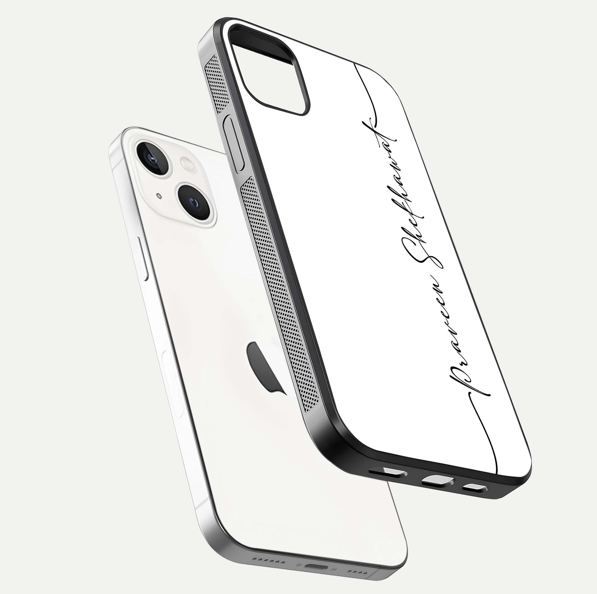 White Tune Custom Name Glass Case for iPhone 14 Plus floating dual-view mockup displaying gloss and HD detail