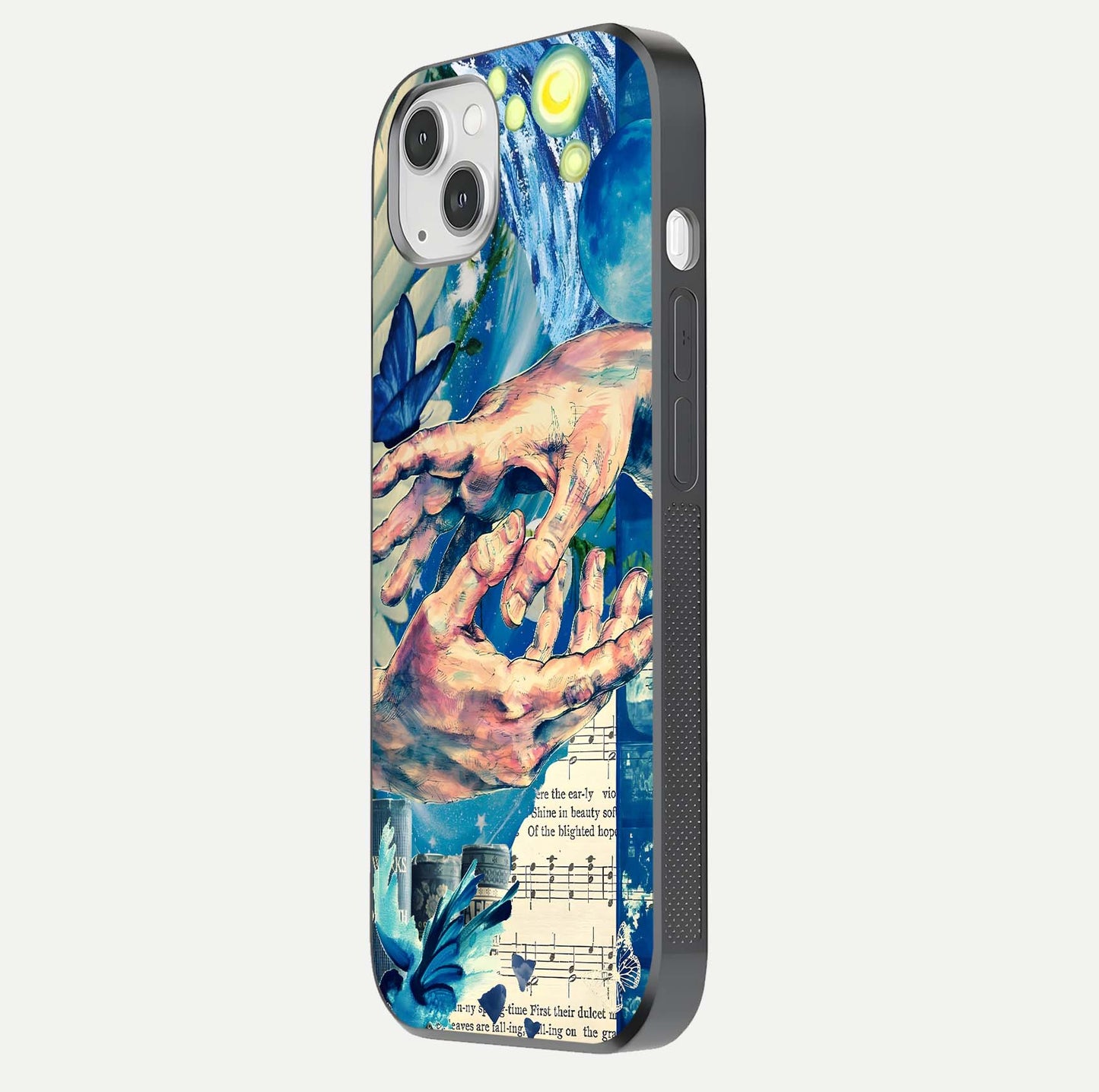 Aesthetic Divider Glass Case for iPhone 16 Pro side-angle image showing divider pattern print, camera module, and glossy finish reflection