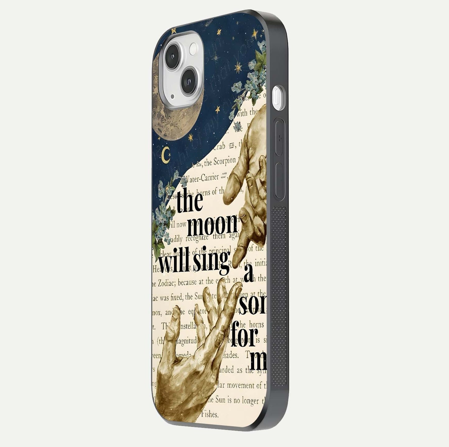 Aesthetic Divine Glass Case for iPhone 16 Pro side-angle image showing divine abstract design, camera module, and glossy finish reflection