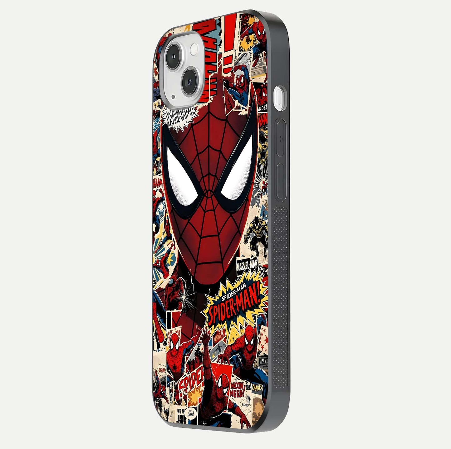 Aesthetic Wonder Spider Glass Case for iPhone 16 Pro side-angle shot showing red-blue tones and durable protective frame