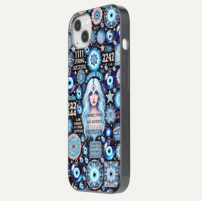 Angel Aura Shield Glass Case for iPhone 16 Pro side-angle photo showcasing aura details and glossy surface reflection