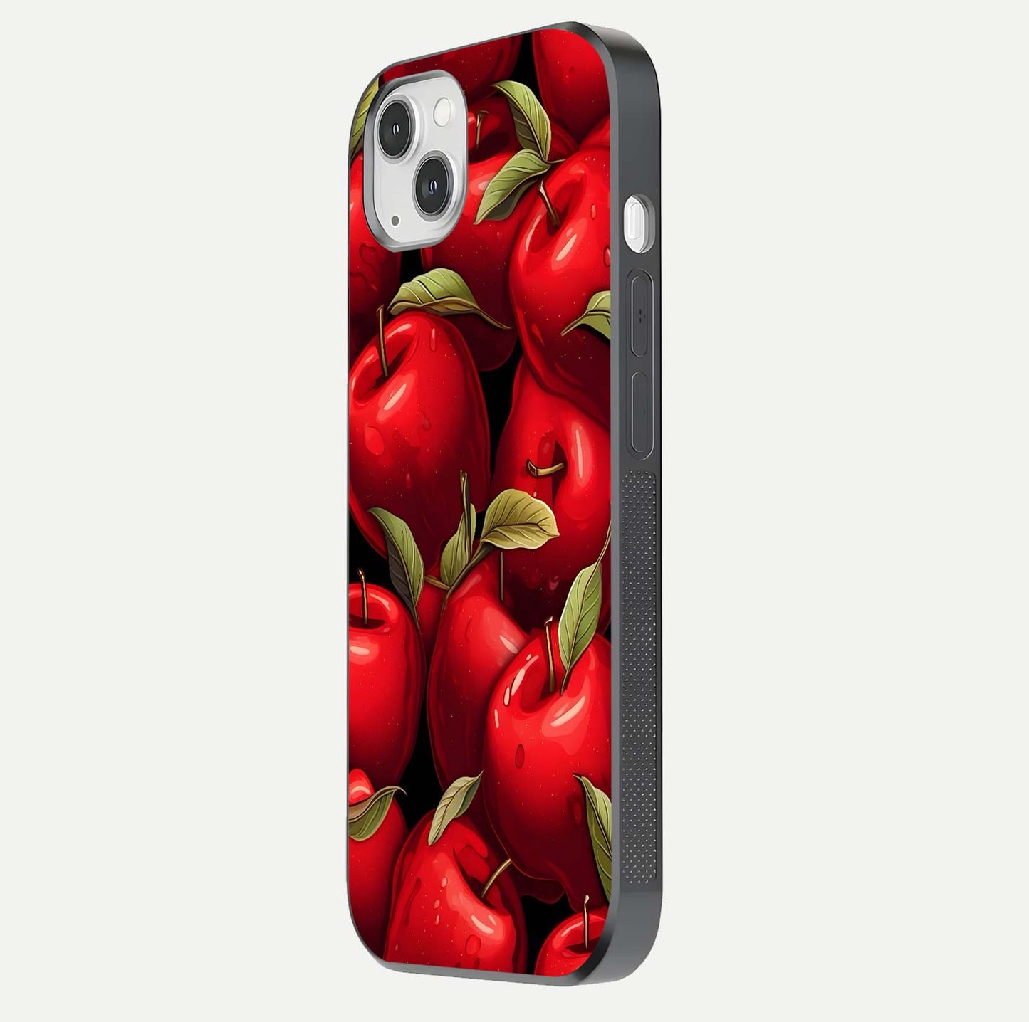 Apple Pattern Glass Case for iPhone 16 Pro side-angle image showcasing minimalist apple print and gloss reflection