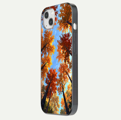 Autumn Sky Rise Glass Case for iPhone 16 Pro side-angle showing autumn art tones and protective corners